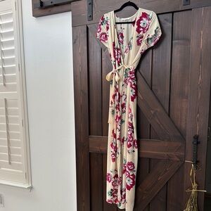 Floral Maxi Wrap Dress in Cream and Red